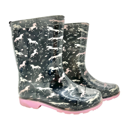 Capelli New York Rain Boots Girls Size 4 Rubber Black and Pink Unicorn Print