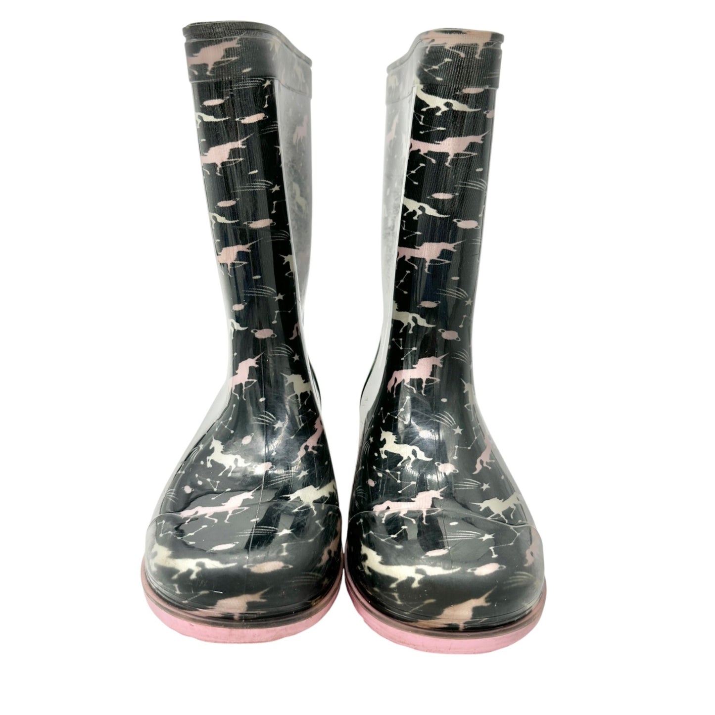 Capelli New York Rain Boots Girls Size 4 Rubber Black and Pink Unicorn Print