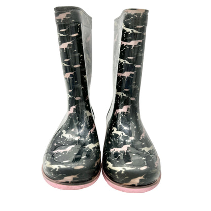 Capelli New York Rain Boots Girls Size 4 Rubber Black and Pink Unicorn Print