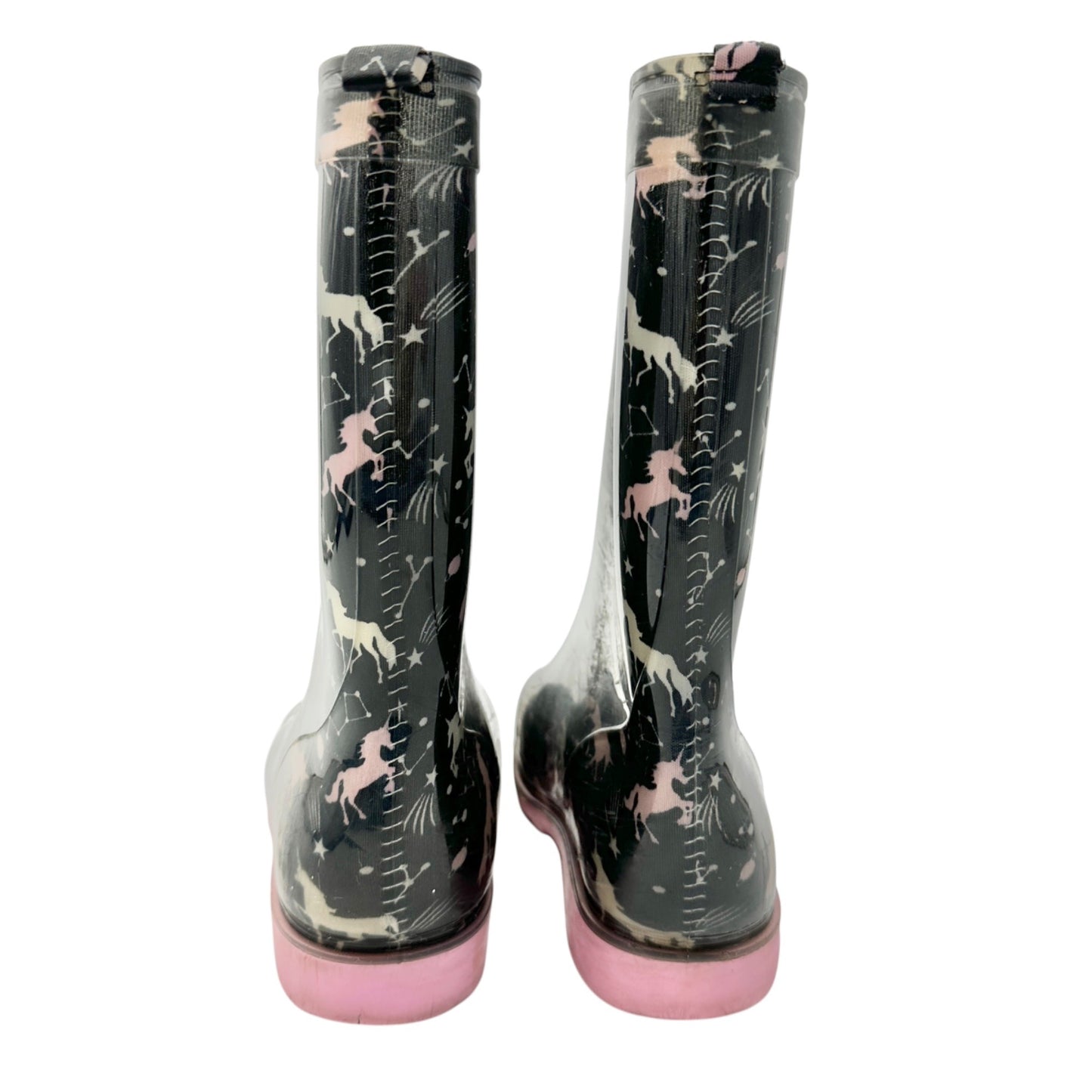 Capelli New York Rain Boots Girls Size 4 Rubber Black and Pink Unicorn Print