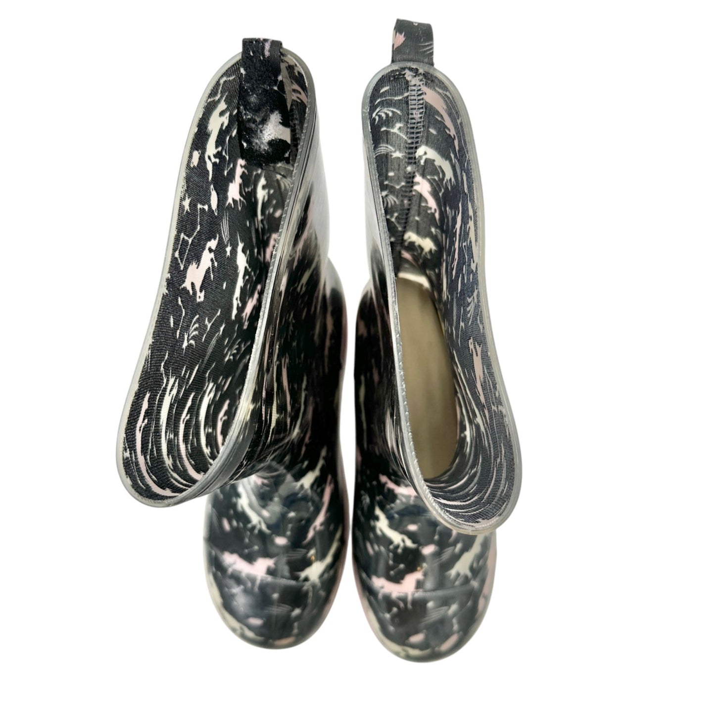 Capelli New York Rain Boots Girls Size 4 Rubber Black and Pink Unicorn Print