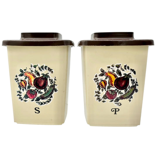 Vtg Plastic Salt and Pepper Shakers Fruit Design Brown Lids Mid-Century Decor 4"