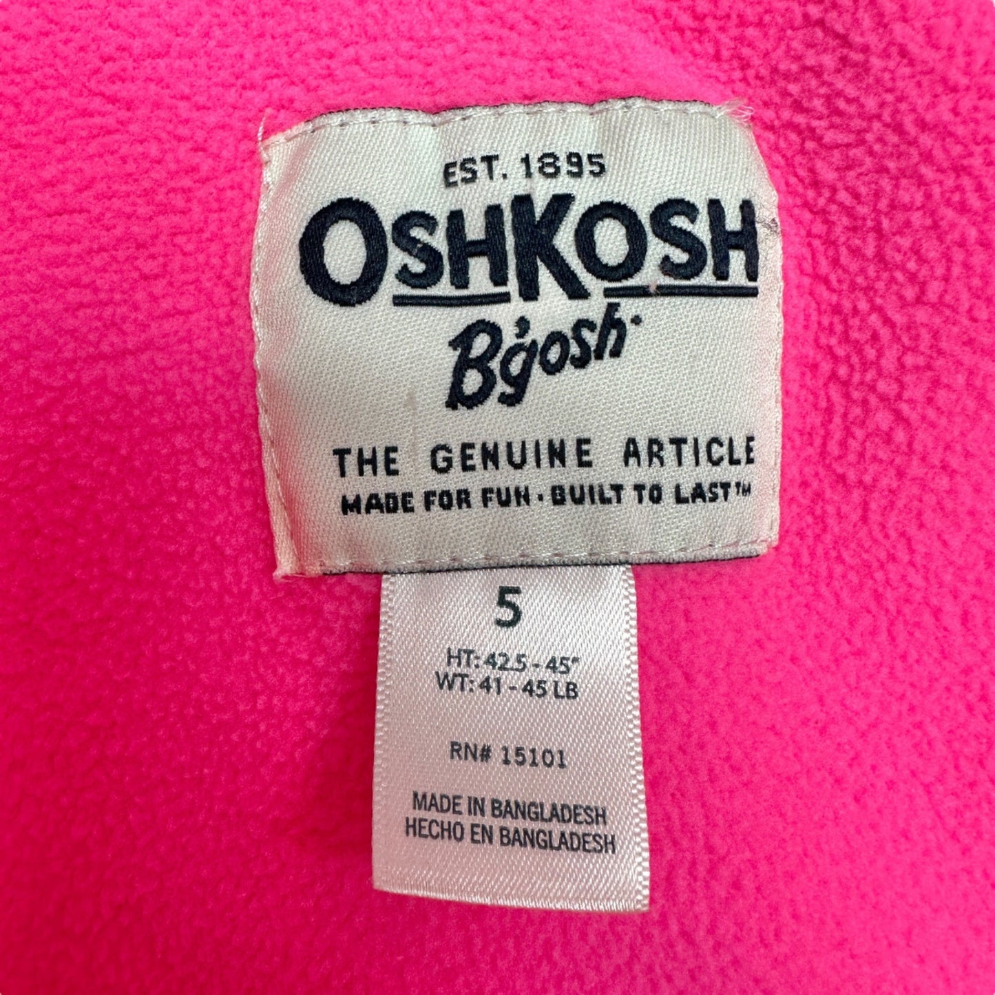 OshKosh Bgosh Puffer Vest Kids Size 5 Solid Pink With Zipper and Pockets