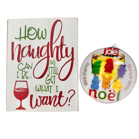 Holiday Decor Wine Themed Bundle Wooden Sign and Joie Noel Wine Charms Set