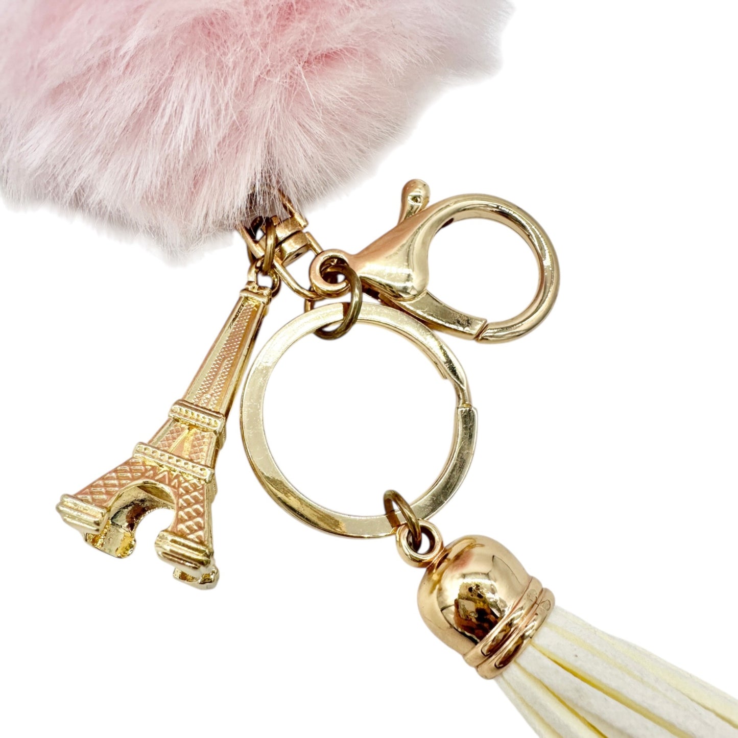 Pink Fluffy Pom Pom Keychain With Eiffel Tower Charm and White Tassel