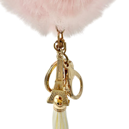 Pink Fluffy Pom Pom Keychain With Eiffel Tower Charm and White Tassel