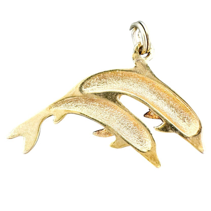 Goldtone Double Dolphin Pendant Charm Ocean Theme Jewelry Gift 1.5 inch Wide