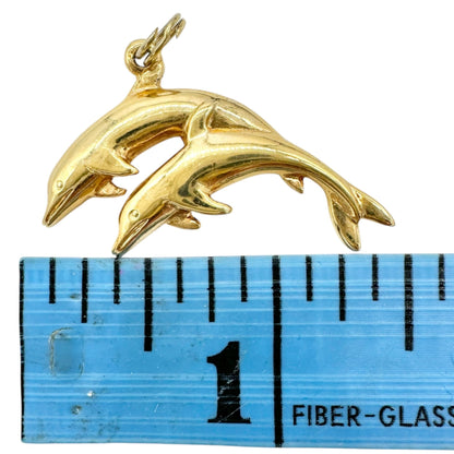 Goldtone Double Dolphin Pendant Charm Ocean Theme Jewelry Gift 1.5 inch Wide
