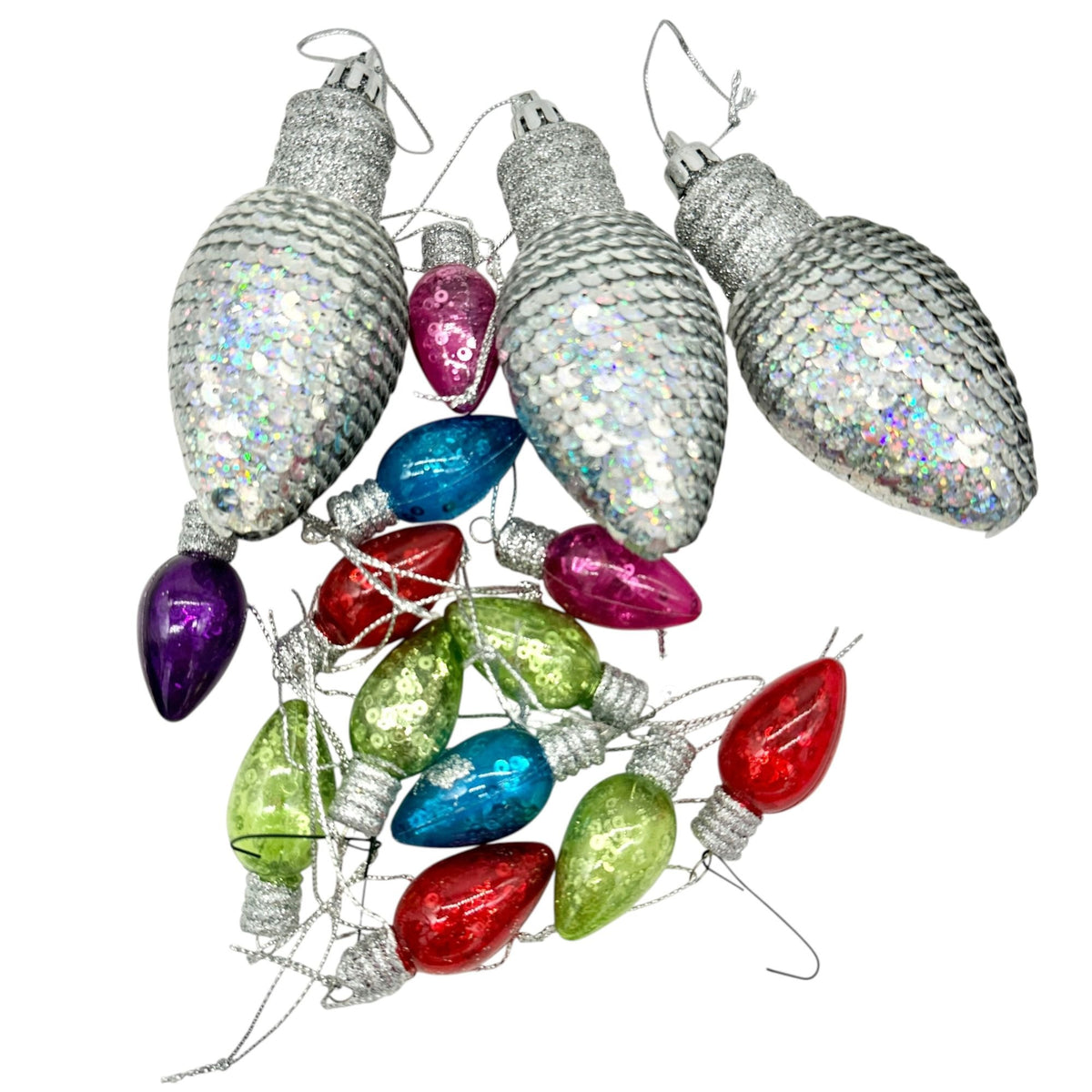 Sparkly Ornaments Bag - 15 pcs - 3 Silver 4.5"L and 12 Colored 2"L