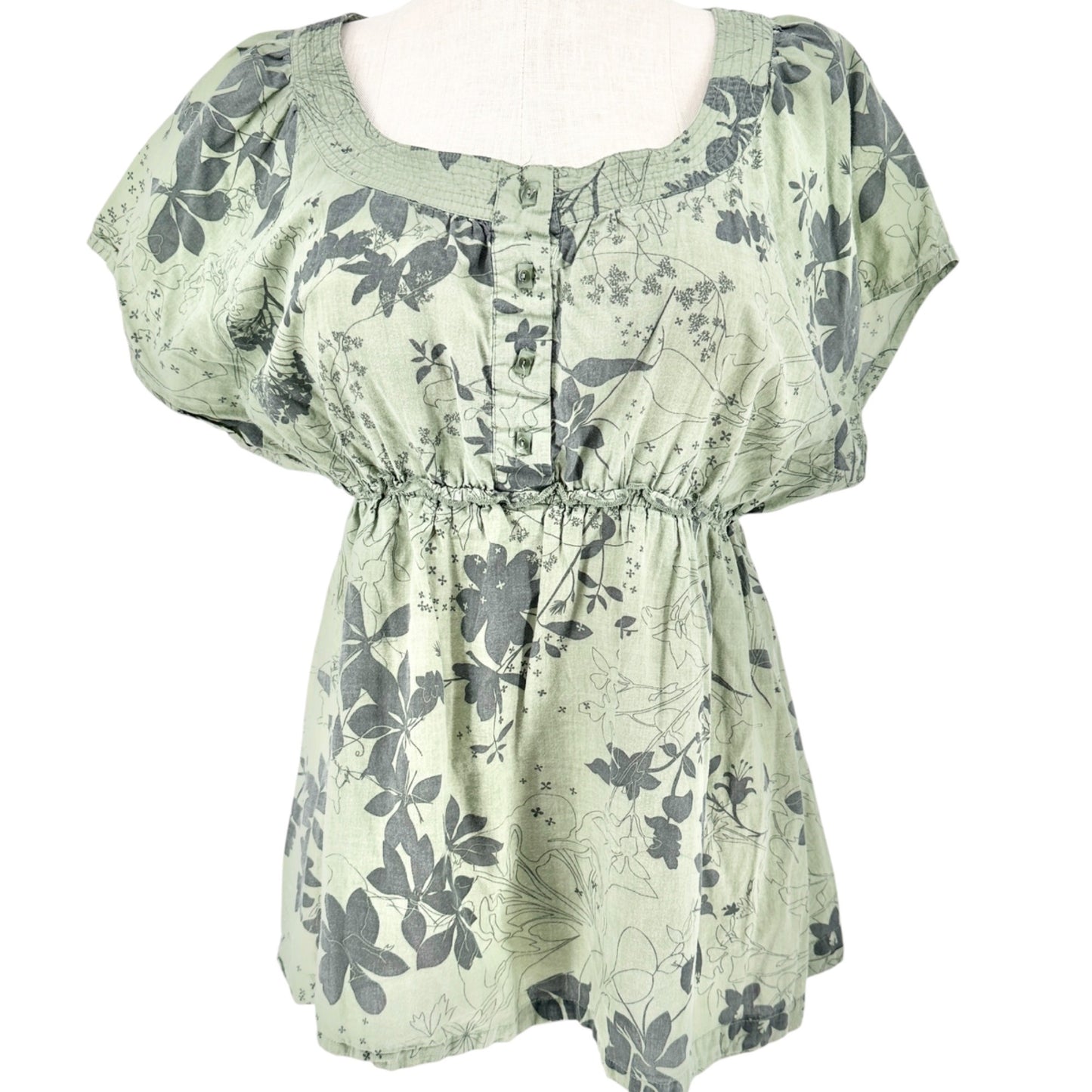 Venezia Blouse Womens 18/20 Green Floral Print Short Sleeve Elastic High Waist