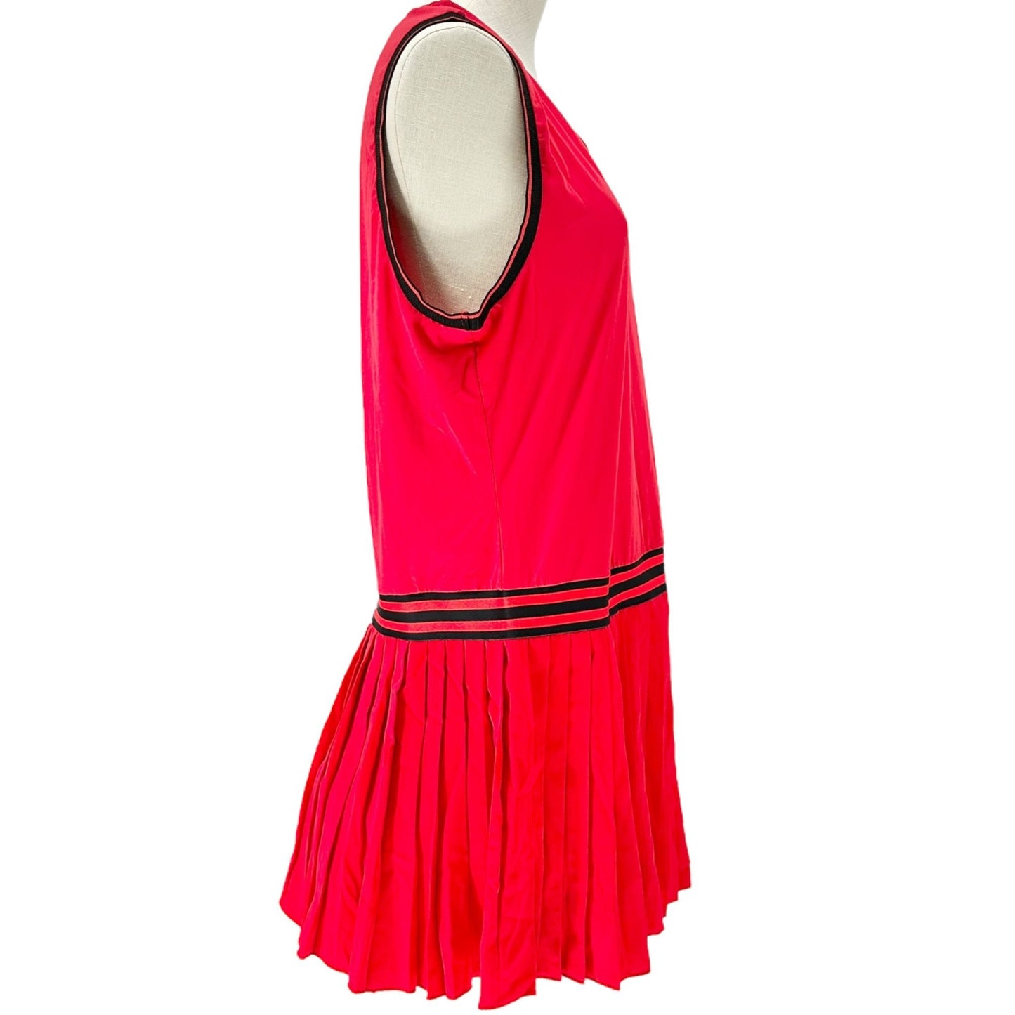 Vintage Inspired Red Sleeveless Dress XXL Striped V-Neck Waistband Pleated Skirt