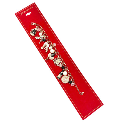Macys Holiday Lane New Years Eve Gold Tone Charm Bracelet Pink Black White 8 in