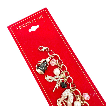 Macys Holiday Lane New Years Eve Gold Tone Charm Bracelet Pink Black White 8 in