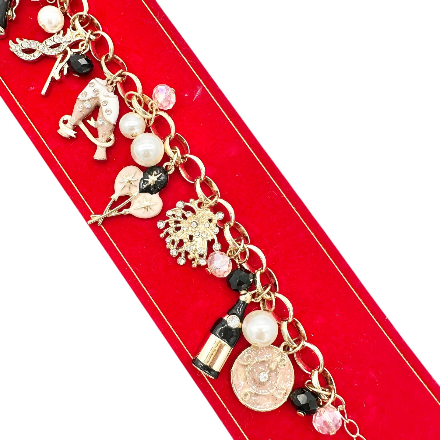 Macys Holiday Lane New Years Eve Gold Tone Charm Bracelet Pink Black White 8 in