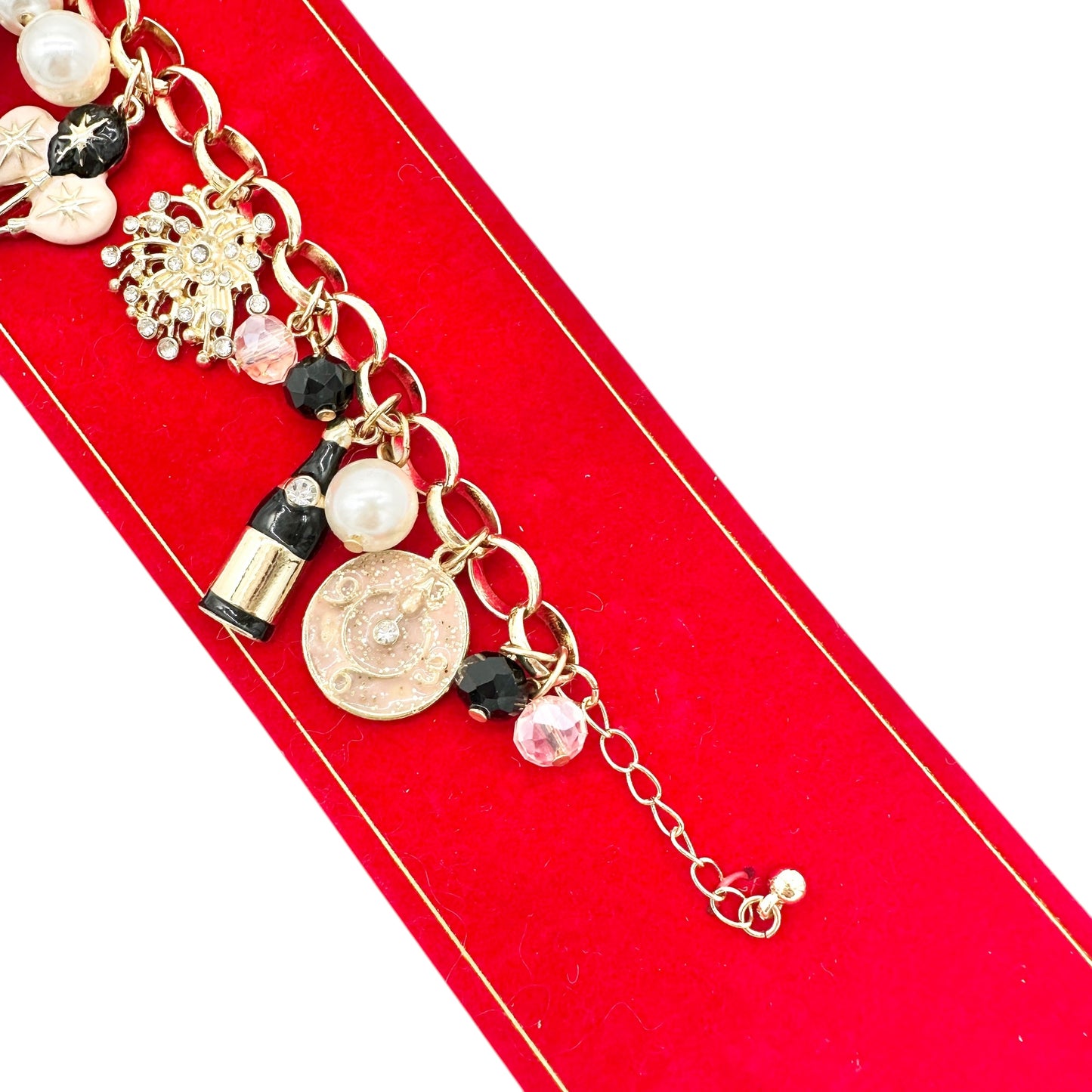 Macys Holiday Lane New Years Eve Gold Tone Charm Bracelet Pink Black White 8 in