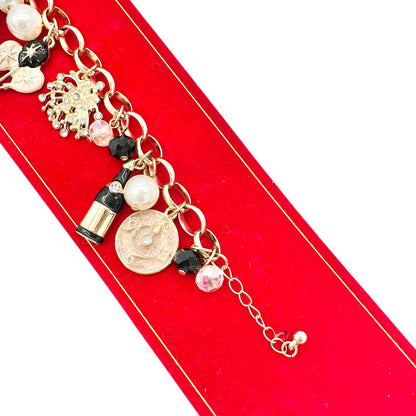 Macys Holiday Lane New Years Eve Gold Tone Charm Bracelet Pink Black White 8 in