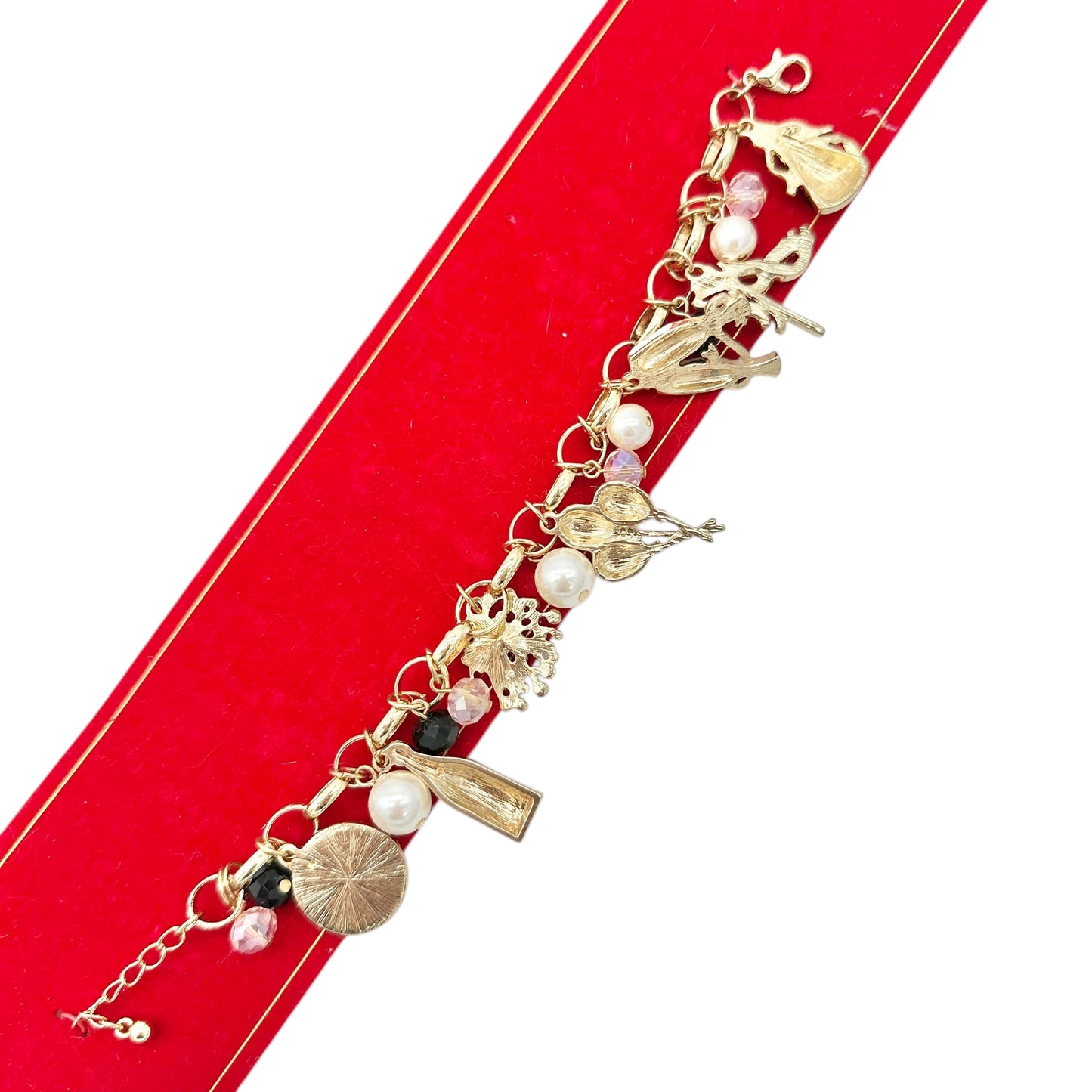 Macys Holiday Lane New Years Eve Gold Tone Charm Bracelet Pink Black White 8 in