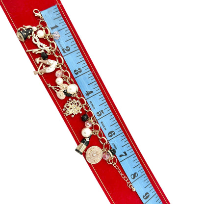 Macys Holiday Lane New Years Eve Gold Tone Charm Bracelet Pink Black White 8 in