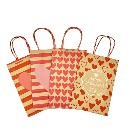 Valentine's Set of 4 Kraft Gift Bags 8 x 5.5 inch Red Hearts Handles