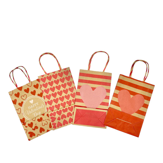 Valentine's Set of 4 Kraft Gift Bags 8 x 5.5 inch Red Hearts Handles