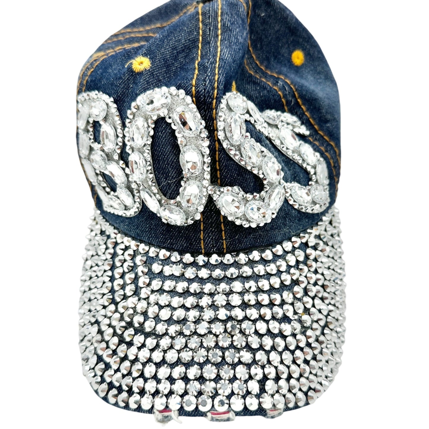 BOSS Denim Baseball Cap Rhinestone Embellished Adjustable Strap Bedazzled Hat