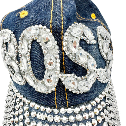 BOSS Denim Baseball Cap Rhinestone Embellished Adjustable Strap Bedazzled Hat