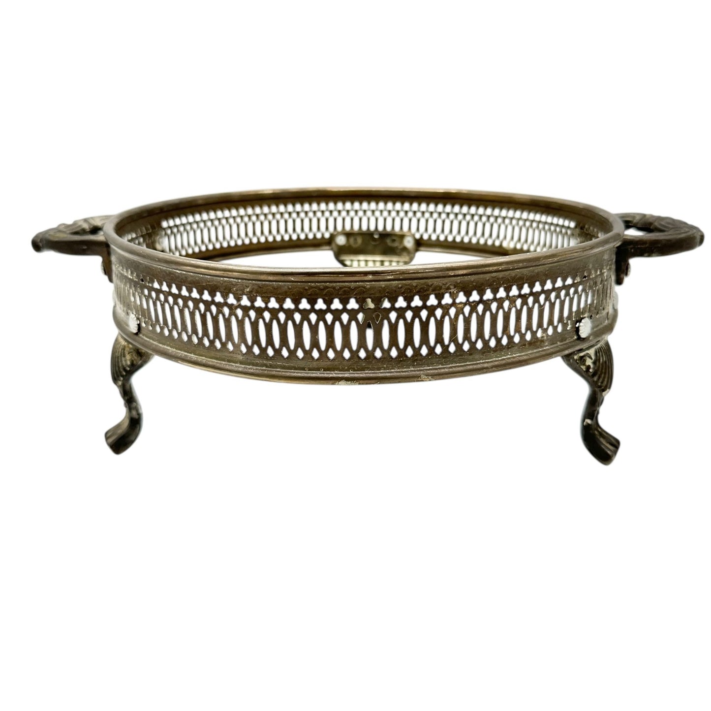Silver Plate Round Serving Dish Holder With Ornate Handles+Feet 9 Inch Diameter