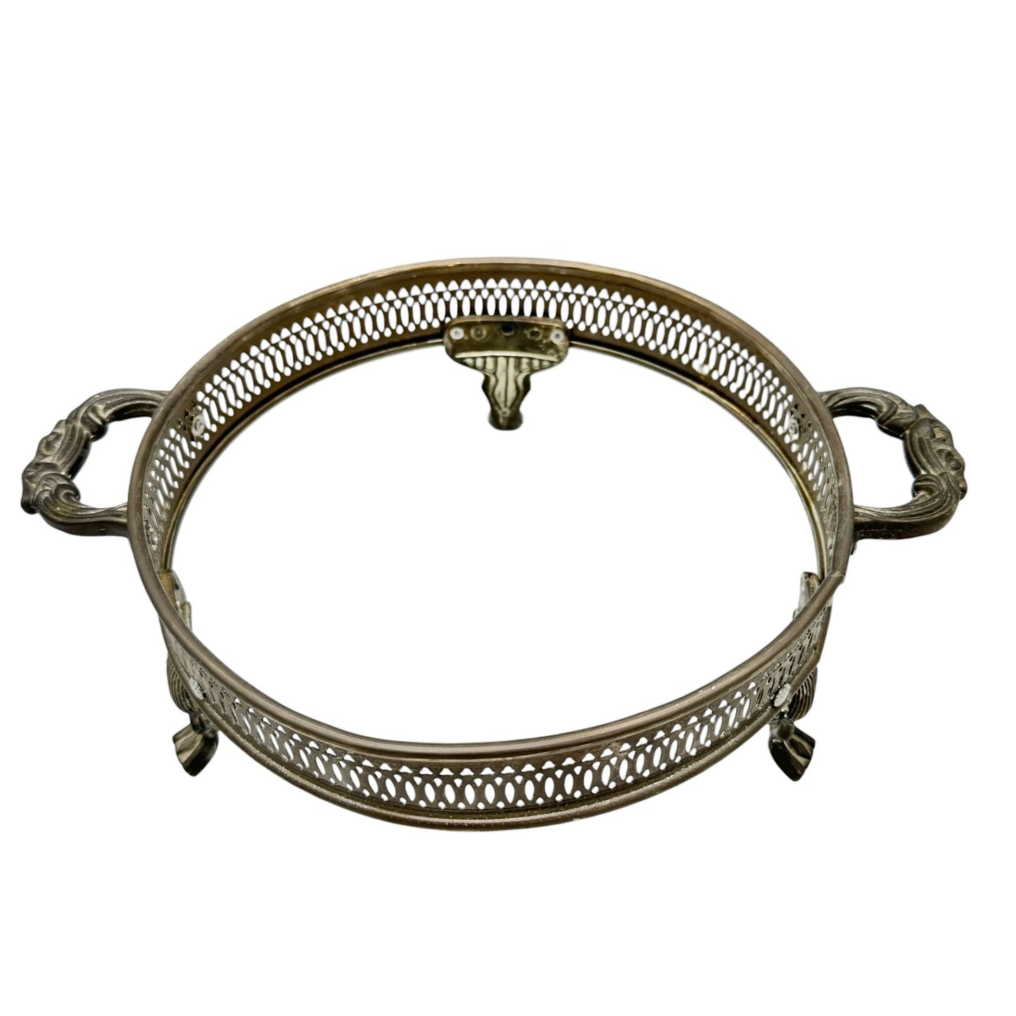 Silver Plate Round Serving Dish Holder With Ornate Handles+Feet 9 Inch Diameter