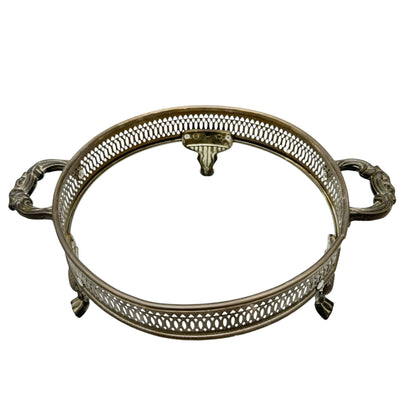 Silver Plate Round Serving Dish Holder With Ornate Handles+Feet 9 Inch Diameter