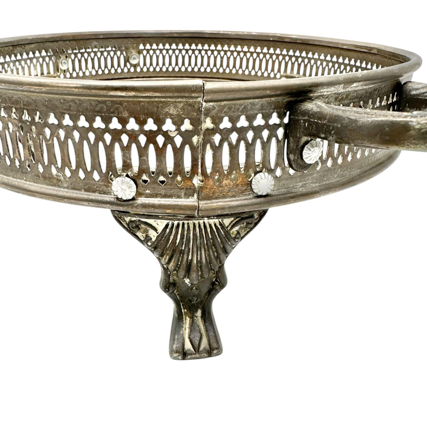 Silver Plate Round Serving Dish Holder With Ornate Handles+Feet 9 Inch Diameter