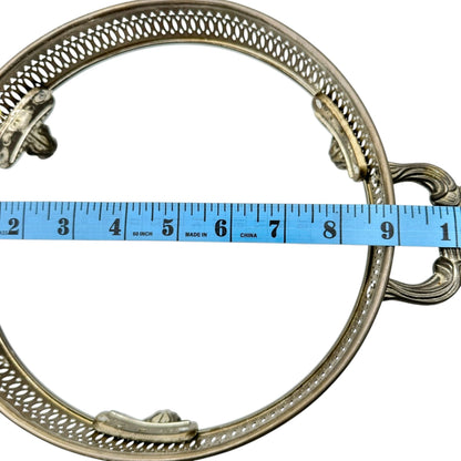 Silver Plate Round Serving Dish Holder With Ornate Handles+Feet 9 Inch Diameter