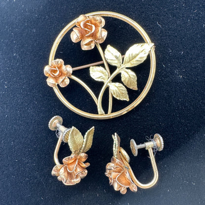 Vintage Gold Tone Rose Brooch and Clip On Earrings Set Floral Elegant Design