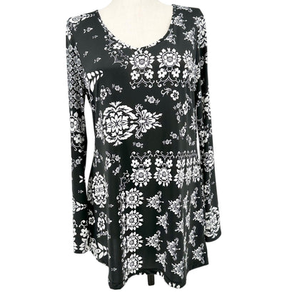 Johnny Womens Floral Print Black & White Long Sleeve Tunic Top 3XL USA Made