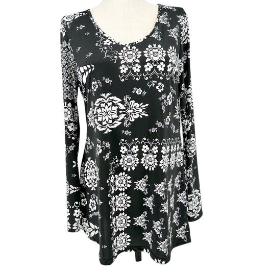Johnny Womens Floral Print Black & White Long Sleeve Tunic Top 3XL USA Made