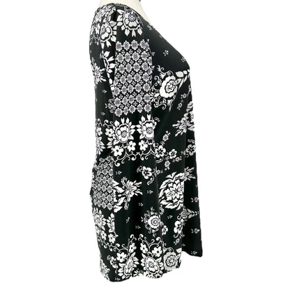 Johnny Womens Floral Print Black & White Long Sleeve Tunic Top 3XL USA Made