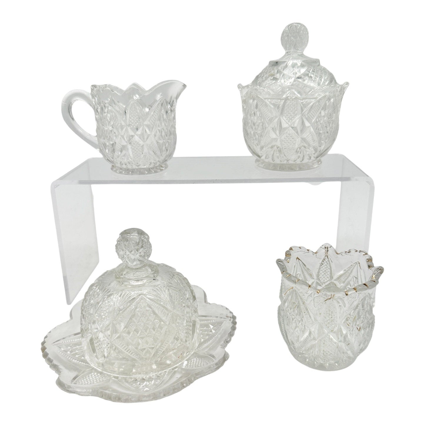 Pennsylvania Balder No 15048 Vtg Glass Childrens 4pc Table Set Diamond Cut TS-53