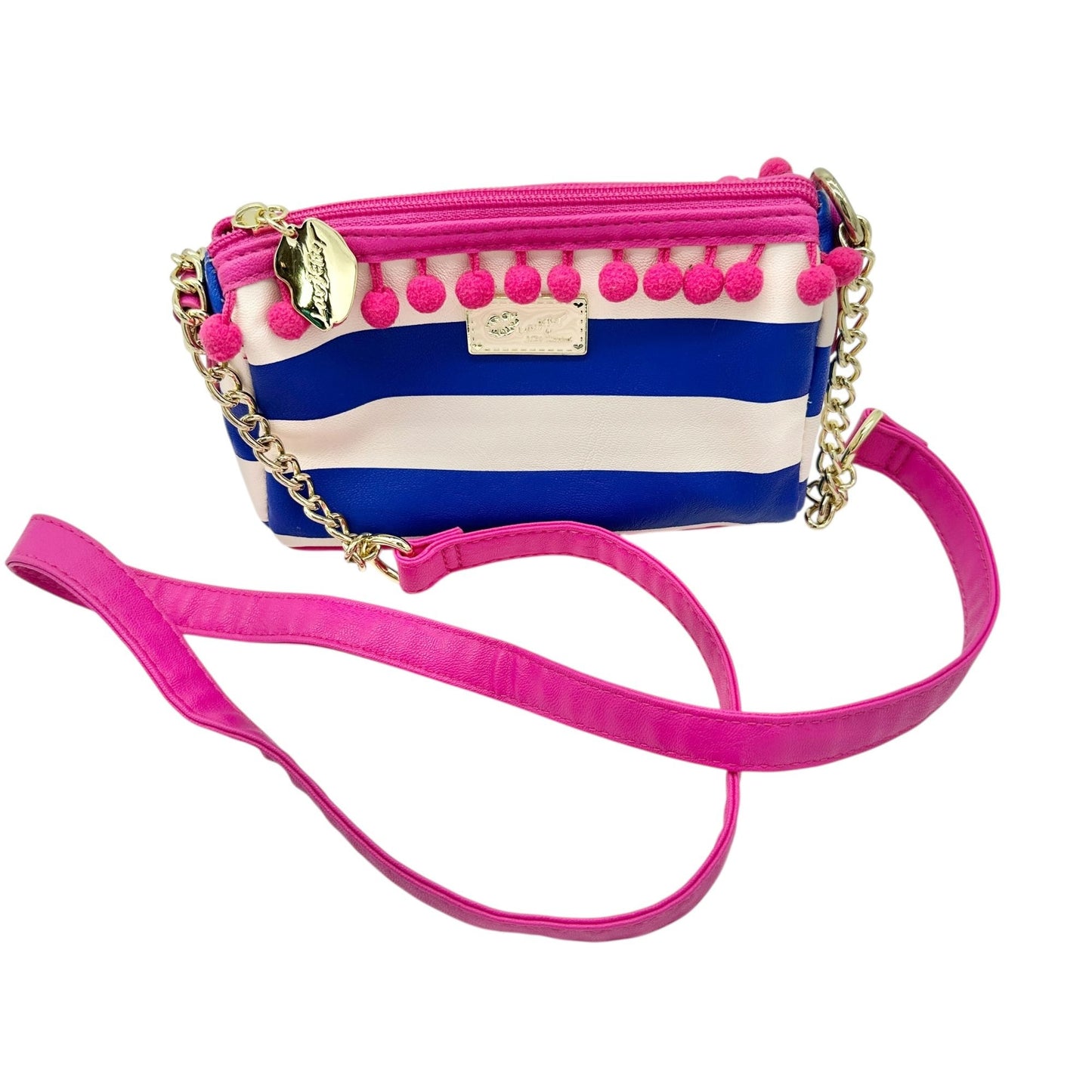 Betsey Johnson Luv Betsey Crossbody Bag Blue White Stripe Pink Strap Pom Accents