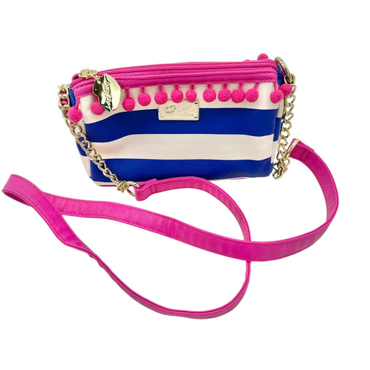 Betsey Johnson Luv Betsey Crossbody Bag Blue White Stripe Pink Strap Pom Accents