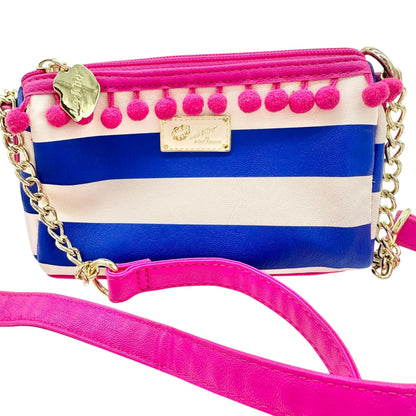 Betsey Johnson Luv Betsey Crossbody Bag Blue White Stripe Pink Strap Pom Accents