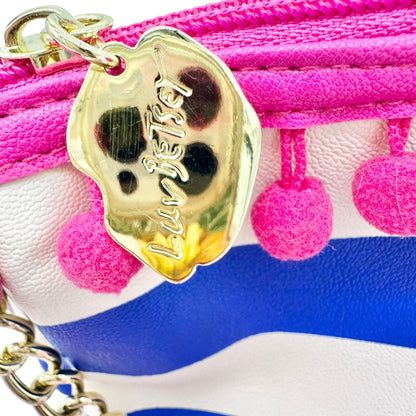 Betsey Johnson Luv Betsey Crossbody Bag Blue White Stripe Pink Strap Pom Accents