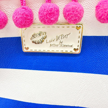 Betsey Johnson Luv Betsey Crossbody Bag Blue White Stripe Pink Strap Pom Accents