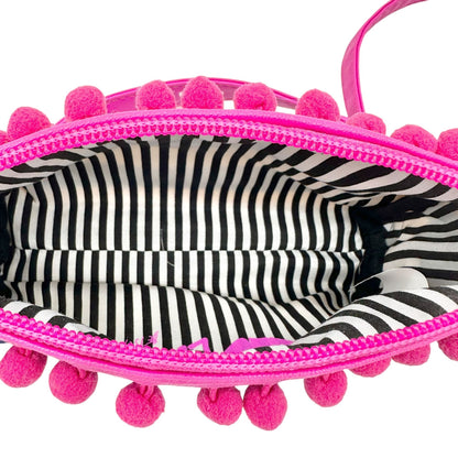 Betsey Johnson Luv Betsey Crossbody Bag Blue White Stripe Pink Strap Pom Accents