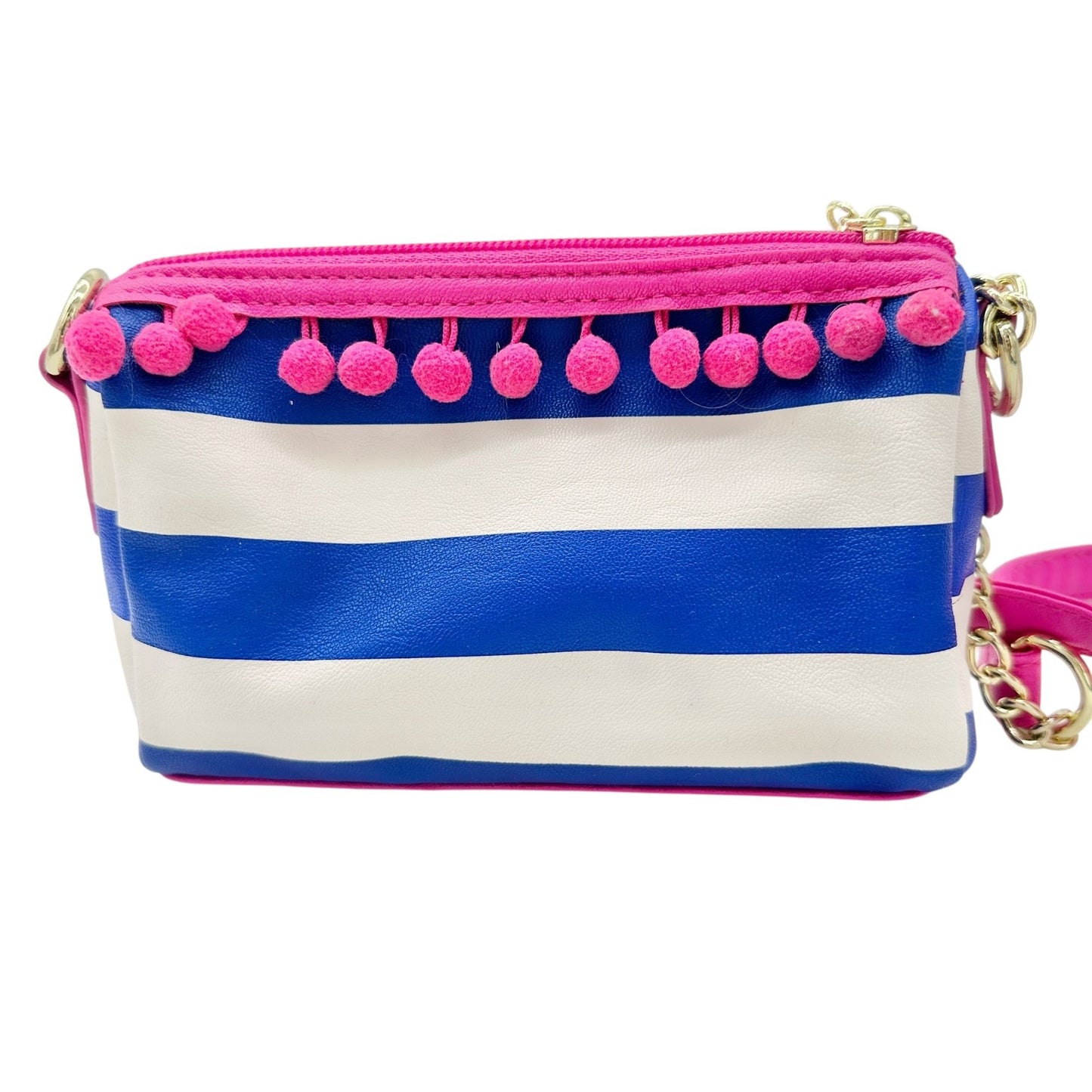 Betsey Johnson Luv Betsey Crossbody Bag Blue White Stripe Pink Strap Pom Accents