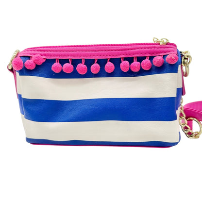 Betsey Johnson Luv Betsey Crossbody Bag Blue White Stripe Pink Strap Pom Accents