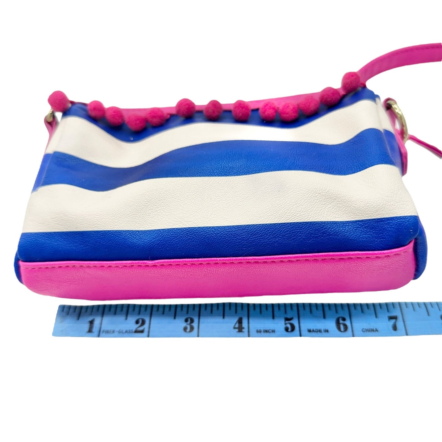 Betsey Johnson Luv Betsey Crossbody Bag Blue White Stripe Pink Strap Pom Accents