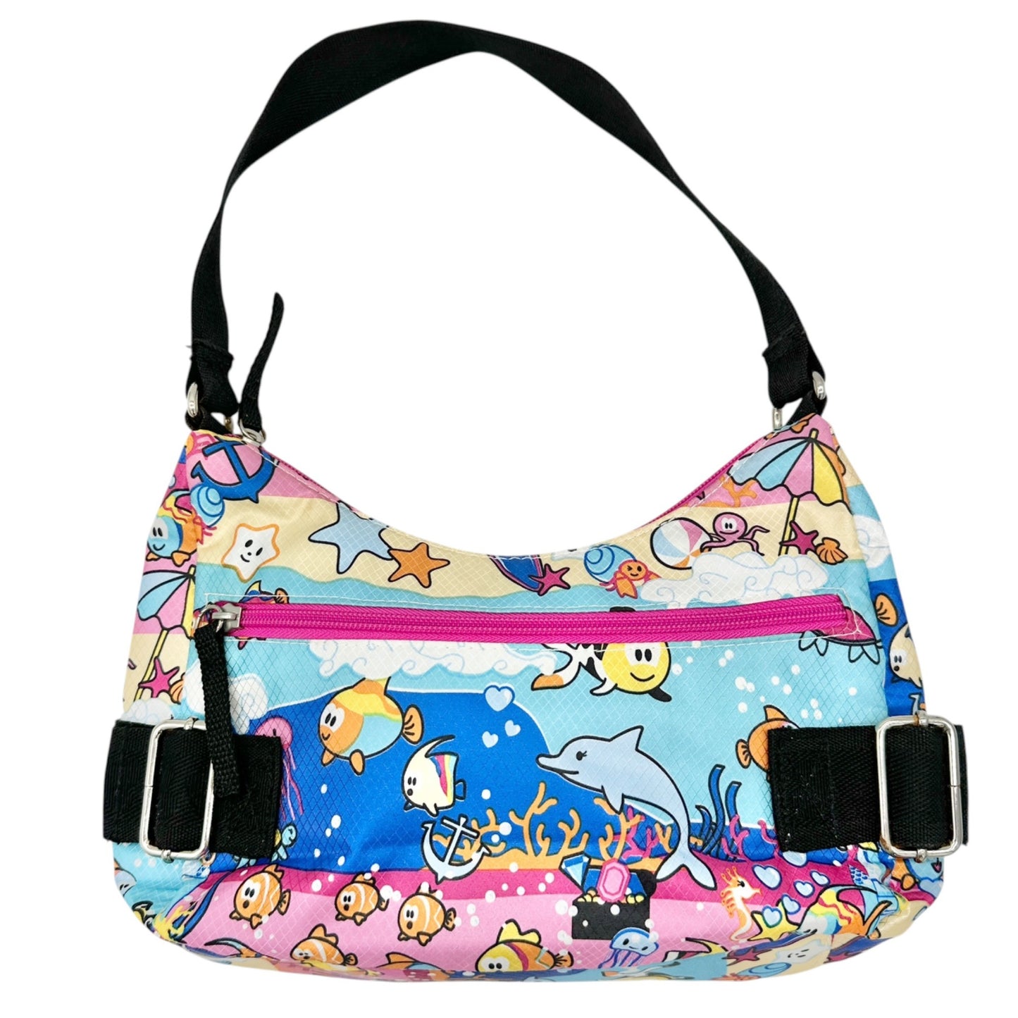 Colorful Ocean Sea Adventure Motif Handbag Adjustable Strap Blue Pink 10x6.5x2.5