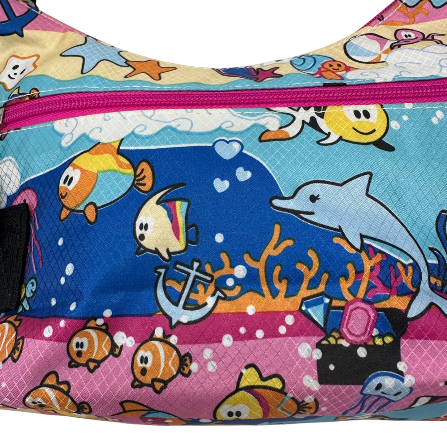 Colorful Ocean Sea Adventure Motif Handbag Adjustable Strap Blue Pink 10x6.5x2.5