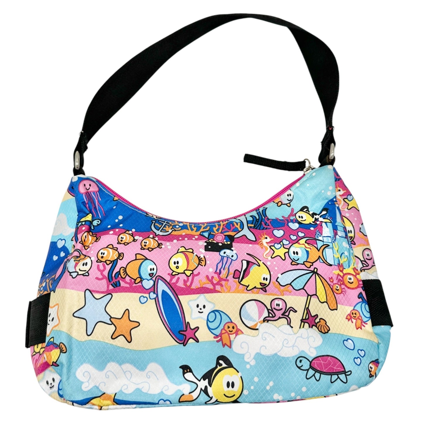Colorful Ocean Sea Adventure Motif Handbag Adjustable Strap Blue Pink 10x6.5x2.5