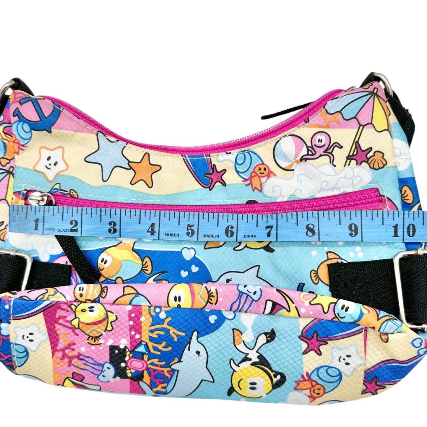 Colorful Ocean Sea Adventure Motif Handbag Adjustable Strap Blue Pink 10x6.5x2.5