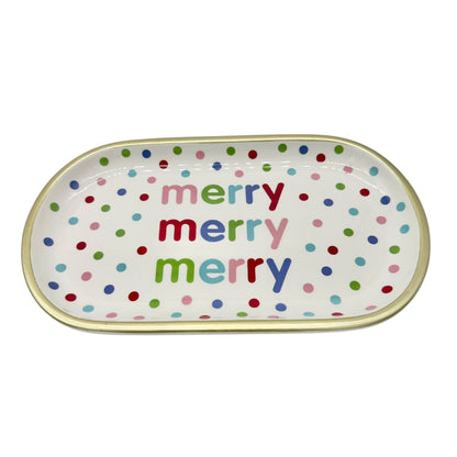 H For Happy Merry Merry Polka Dot Ceramic Serving Set 2 Plates 1 Tray 1 Canister